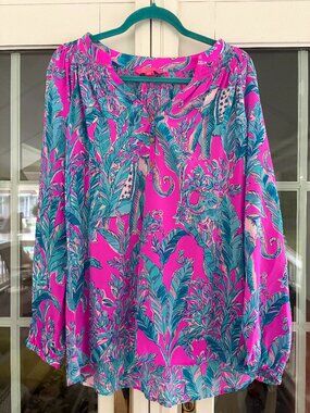 Lilly Pulitzer Elsa Silk Top Pink & Blue Elephant Print Size XL